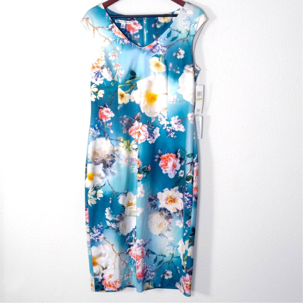 Maggy London Floral Sheath Dress Blue White Size 14 Regencycore Garden